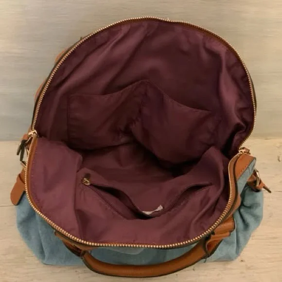 Cato Embroidered Flower Print Denim Brown Faux Leather Handbag Purse Like New - Picture 6 of 8